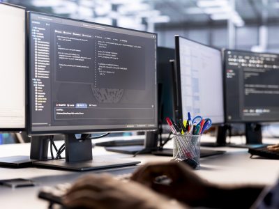 Close up of server hub IT professional debugging and optimizing code Data center technician using programming languages on PC to construct algorithms and build applications. Close up of server hub IT professional debugging and optimizing code