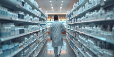 Far distance shot of a male pharmacist from Malaysia preparing medications in a specialty pharmacy with a focus on rare products. The scene captures the overall environment and detailed work. Realistic and cinematic. Award-winning photography. Advertising photography. Commercial photography. --chaos 13 --ar 16:9 --style raw --stylize 300 Job ID: 70836db1-3cd2-4834-abef-b59c6ca89aed